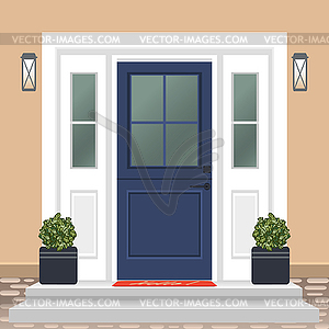 House door front with doorstep and steps, window, - vector clipart