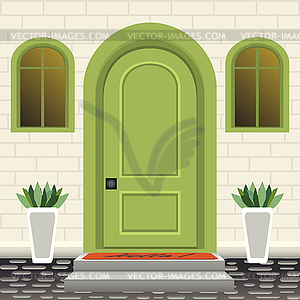 House door front with doorstep and steps, window, - vector clipart