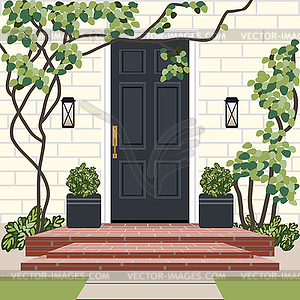 House door front with doorstep and steps, lamp, - vector clipart