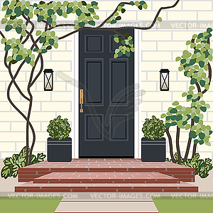 House door front with doorstep and steps, window, - vector clip art