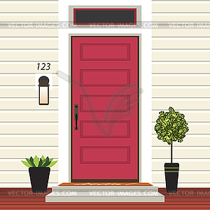 House door front with doorstep and mat, steps, - vector clip art