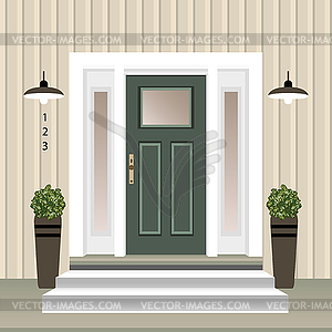 House door front with doorstep and steps, window, - vector clipart