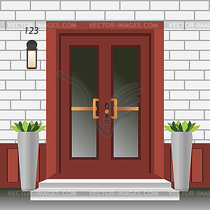 House door front with doorstep and steps, lamp, - vector image