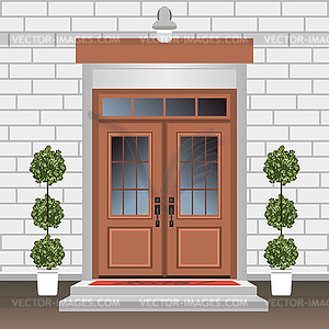 House door front with doorstep and steps, lamp, - vector clip art