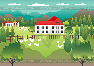 Rural valley view Farm countryside. Village - vector clipart