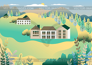 Rural valley view Farm countryside. Village - vector image