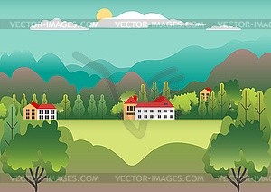 Rural valley view Farm countryside. Village - vector clipart