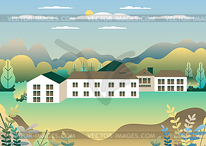 Rural valley Farm countryside. Village landscape - color vector clipart