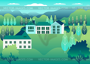 Rural valley Farm countryside. Village landscape - vector image