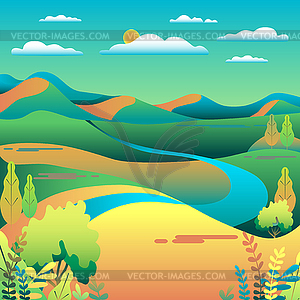 Hills and mountains landscape in flat style - vector clip art