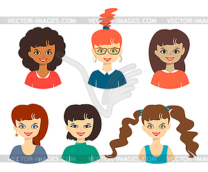 Set of cute girls women with different hairstyles - color vector clipart