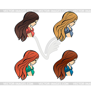 Набор милых девушек с разным цветом контура стиля - векторный клипарт EPS
