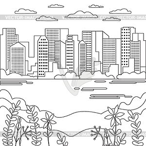 Thin line city landscape flat. Panorama design urba - vector clipart