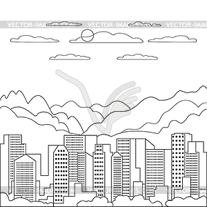 Тонкая линия городской пейзаж плоский. Панорама дизайн урба - векторный клипарт EPS