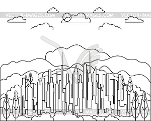 Thin line city landscape flat. Panorama design urba - vector image