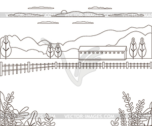 Thin line outline landscape rural farm. Panorama - vector image