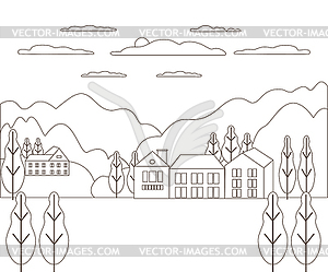 Thin line outline landscape rural farm. Panorama - vector clip art