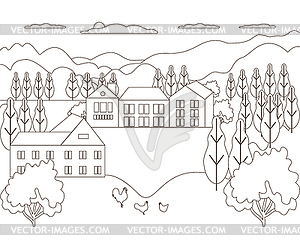 Thin line outline landscape rural farm. Panorama - vector image