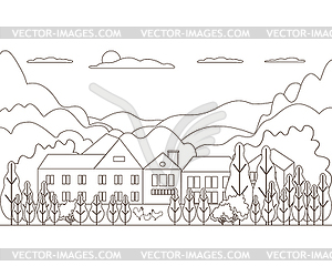 Thin line outline landscape rural farm. Panorama - vector clip art