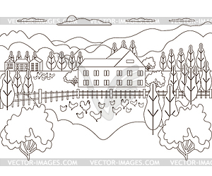 Thin line outline landscape rural farm. Panorama - vector clipart