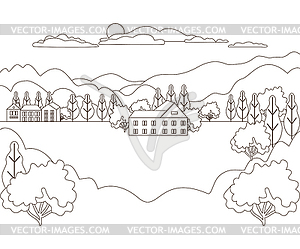 Thin line outline landscape rural farm. Panorama - vector image