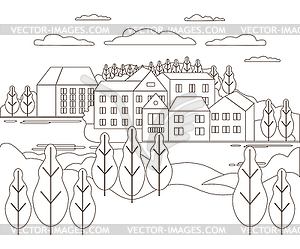 Thin line outline landscape rural farm. Panorama - vector image