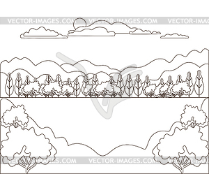 Thin line outline landscape rural farm. Panorama - vector clipart