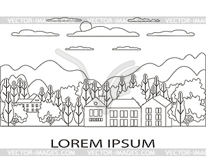 Thin line outline landscape rural farm. Panorama - vector image