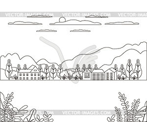 Thin line outline landscape rural farm. Panorama - vector image