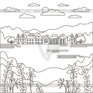 Thin line outline landscape rural farm. Panorama - vector clipart