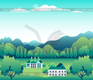 Hills and mountains landscape with house farm in - vector clipart