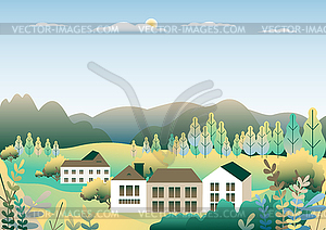 Hills and mountains landscape with house farm in - vector clipart