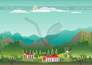 Hills and mountains landscape with house farm in - vector clip art