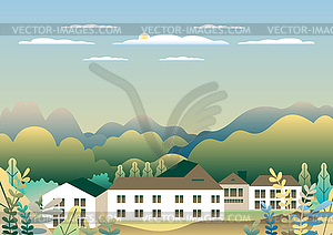 Холмы и горы пейзаж с домом фермы в - векторный клипарт EPS