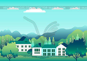 Холмы и горы пейзаж с домом фермы в - векторное изображение клипарта