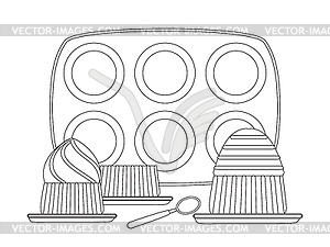 Baking pans for cupcakes and cupcake in plate, - vector image