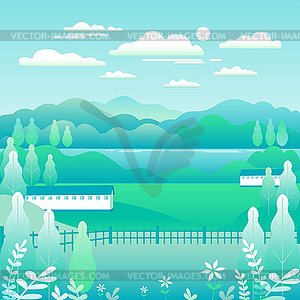 Hills and mountains landscape, house farm in flat - vector clipart