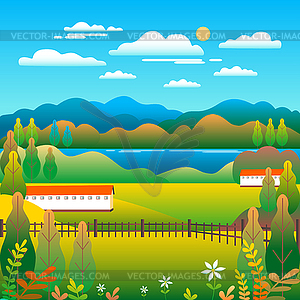 Hills and mountains landscape, house farm in flat - vector image