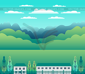 Hills and mountains landscape, house farm in flat - vector image