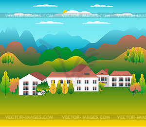 Hills and mountains landscape, house farm in flat - vector image