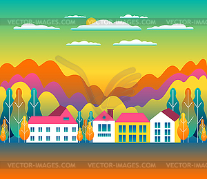 Hills and mountains landscape, house farm in flat - vector clipart / vector image