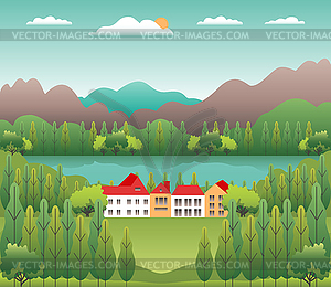 Hills and mountains landscape, house farm in flat - vector image