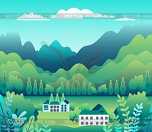 Hills and mountains landscape, house farm in flat - vector clipart