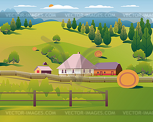 Hills and mountains landscape, house farm in flat - vector image