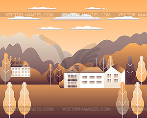 Hills and mountains landscape, house farm in flat - vector clip art