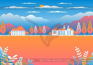 Hills and mountains landscape, house farm in flat - vector image