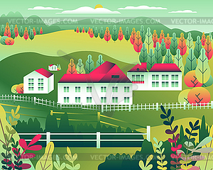 Hills and mountains landscape, house farm in flat - vector clipart