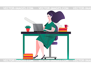 Деловая женщина в зеленом платье, сидя на стуле в - векторное изображение клипарта