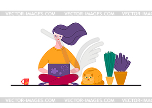 Girl holding laptop on her lap and sitting on floor - vector clipart