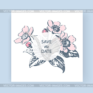 Sakura pink blossom flowers and leaves on branches - vector image